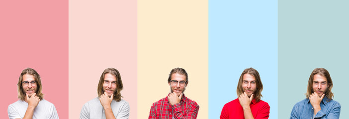 Collage of young handsome man over colorful stripes isolated background looking confident at the camera with smile with crossed arms and hand raised on chin. Thinking positive.