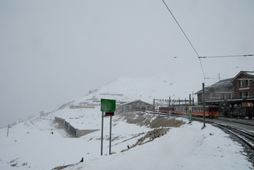 秋のベルナー・オーバーラント　雪の降るクライネ・シャイデックの登山列車（スイス・ベルン州）