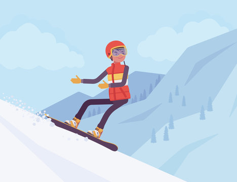 Active sporty man riding on a snowboard, enjoy winter outdoor fun on ski resort with beautiful snowy nature and mountain view, wintertime tourism and recreation. Vector flat style cartoon illustration