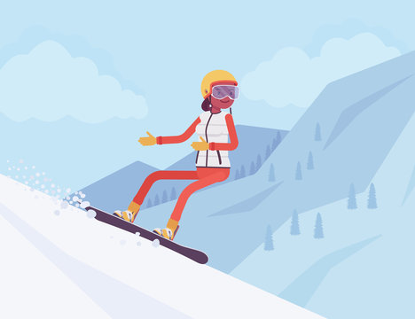Active sporty woman riding on snowboard, enjoy winter outdoor fun on ski resort with beautiful snowy nature and mountain view, wintertime tourism and recreation. Vector flat style cartoon illustration