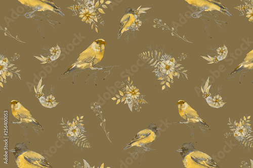 Spring yellow watercolor leaves and flowers on the violet paper background for greeting card and invitation. Floral elegant design.