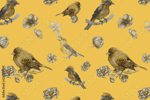 Spring yellow watercolor leaves and flowers on the violet paper background for greeting card and invitation. Floral elegant design.