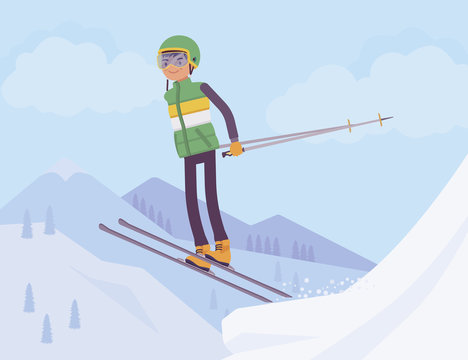 Active sporty man skiing, jumping enjoy winter outdoor fun on resort with beautiful snowy nature and mountain view, professional wintertime tourism, recreation. Vector flat style cartoon illustration