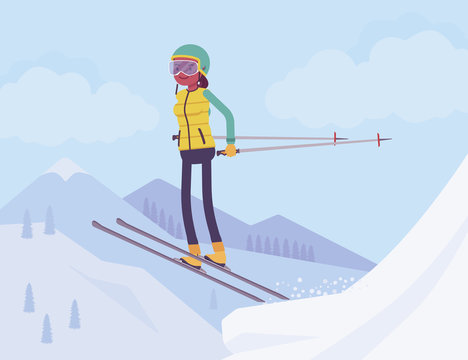 Active sporty woman skiing, jumping enjoy winter outdoor fun on resort with beautiful snowy nature, mountain view, professional wintertime tourism, recreation. Vector flat style cartoon illustration