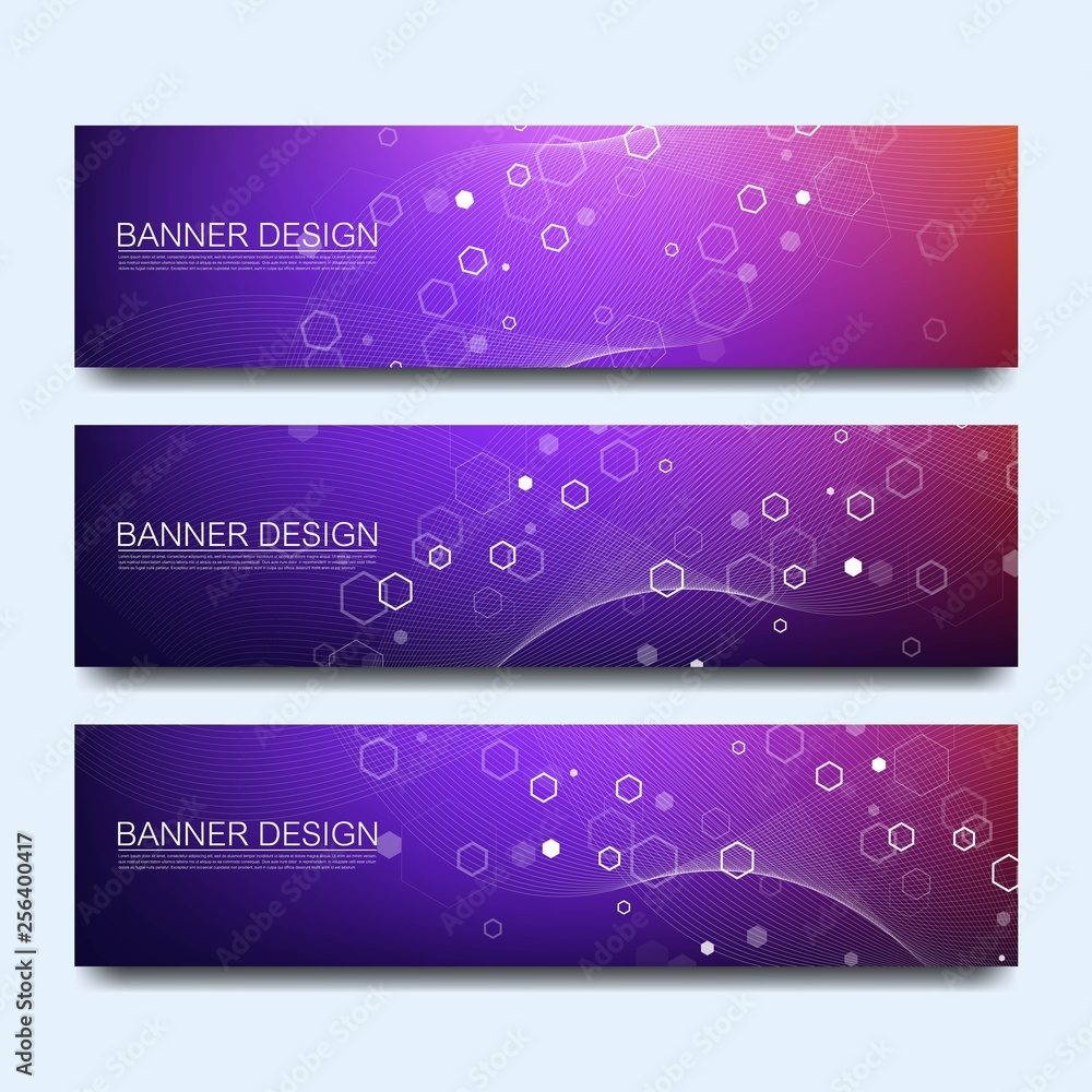 Aufkleber Abstract molecules banners set with lines, dots, circles, polygons. Vector design network communication background. Futuristic digital science technology concept for web banner template or brochure.