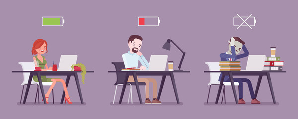 Office workers with battery charge level indicator. Employees of different energy limit, full, low, empty icon, effectiveness of productive effort at workplace. Vector flat style cartoon illustration