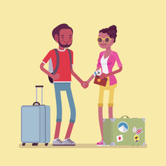 Tourists in travelling outfit with luggage and suitcases. Happy young black man and woman making a journey to visit warm countries, holiday tour for recreation. Vector flat style cartoon illustration