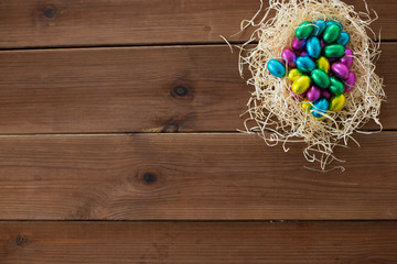 easter, confectionery and holidays concept - chocolate eggs in foil wrappers in straw nest on wooden background
