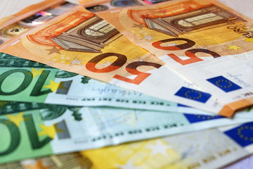 european banknotes, cash money, euros, close up