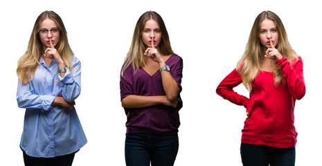 Fototapeta premium Collage of young beautiful blonde woman over isolated background asking to be quiet with finger on lips. Silence and secret concept.