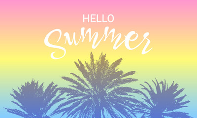 Hello Summer message. Brush Palm Trees card. Concept design for tshirt print, party. Sunset or sunrise with ink palms. Tropical summer. Place for text.