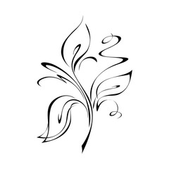 stylized twig with three leaves and curls in black lines on a white background