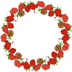 Vector Strawberry fresh fruit healthy food. Red and green engraved ink art. Frame border ornament square.