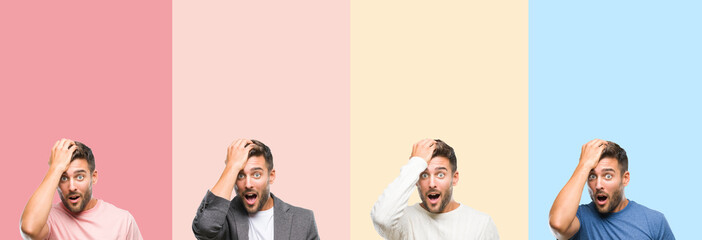 Collage of handsome young man over colorful stripes isolated background surprised with hand on head for mistake, remember error. Forgot, bad memory concept.