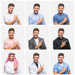 Collage of young doctor arab business man isolated background cheerful with a smile of face pointing with hand and finger up to the side with happy and natural expression on face