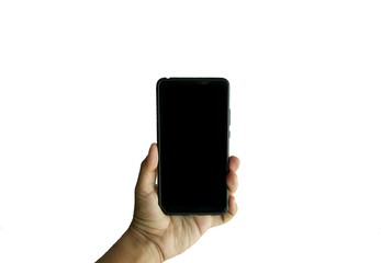 Isolated smart phone with blank black screen. Hand holding smartphone with black blank screen. Isolated smartphone on white background.