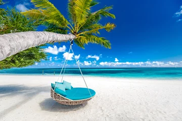 Zelfklevend Fotobehang Tropical beach background as summer landscape with beach swing or hammock and white sand and calm sea for beach banner. Perfect beach scene vacation and summer holiday concept. Boost up color process © icemanphotos