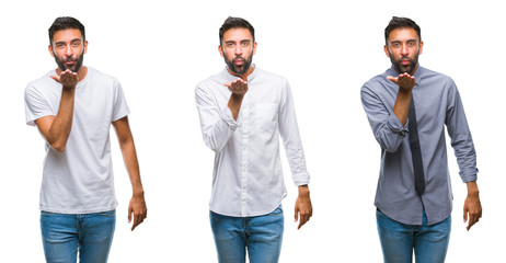 Collage of handsome young indian man over isolated background showing and pointing up with fingers number five while smiling confident and happy.