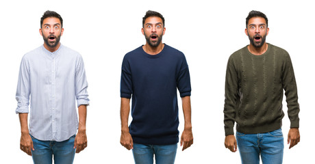 Collage of handsome young indian man over isolated background afraid and shocked with surprise...
