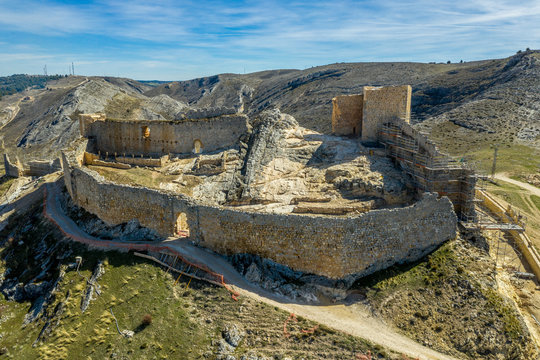 El Burgo de Osma medieval castle and town aerial view in Castille and Leon Spain with blue sky on a sunny day