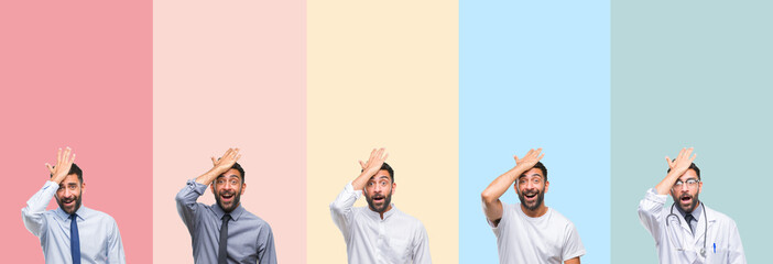 Collage of handsome man over colorful stripes isolated background surprised with hand on head for mistake, remember error. Forgot, bad memory concept.