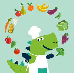 Cute and smiling dinosaur in chef uniform with fruits and vegetables. Healthy food vector concept