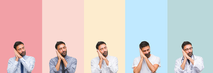 Collage of handsome man over colorful stripes isolated background sleeping tired dreaming and...