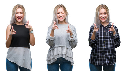 Obraz premium Collage of beautiful blonde young woman over isolated background pointing fingers to camera with happy and funny face. Good energy and vibes.