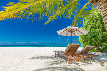 Perfect tranquil beach scene, soft sunlight and white sand and blue endless sea as tropical...