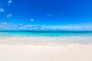 Fototapeta na wymiar Sea view from tropical beach with sunny sky. Relaxing beach landscape