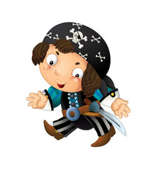 cartoon scene with pirate man captain with sword on his back on white background - illustration for children
