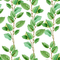 Floral leaves seamless pattern green color on a white background.