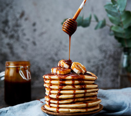 Pancake with soft caramel and banana