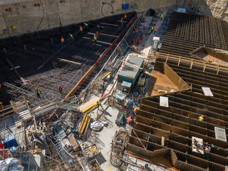 Building sites, foundations of the Unipol Group Headquarters, Torre Unipol, new skyscraper in Milan, Lombardy, Italy. Workers at work, new buildings