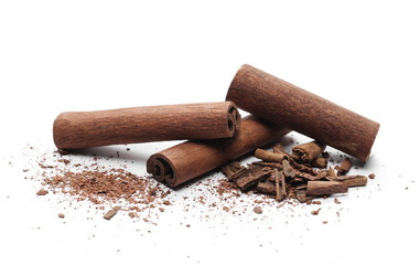 Cinnamon sticks with shavings isolated on white background