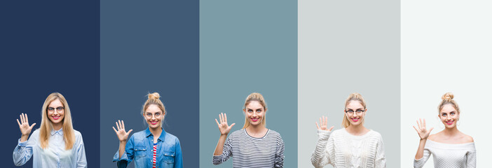 Collage of young beautiful blonde woman over vivid colorful vintage green isolated background showing and pointing up with fingers number five while smiling confident and happy.