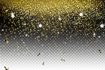Vector festive illustration of falling shiny particles, Golden Confetti Glitters, stars isolated on transparent background.