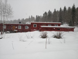 Wooden Norwegian buildings in the snow