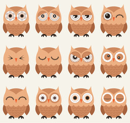 set of emoticons of owl birds in cartoon style
