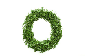 Letter O, alphabet made of green grass. Isolated on white background