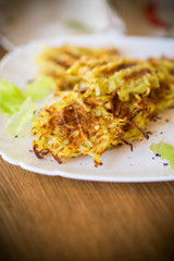 grilled potato pancakes in a plate, on a wooden table