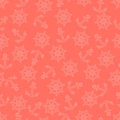 Seamless living coral nautical pattern. Vector illustration. Background with steering wheel and anchors. Trendy color 2019 year.
