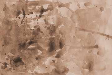 Orange spring watercolor texture with abstract washes and brush strokes on the white paper background. Chaotic abstract organic design.