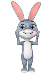 Obraz na płótnie Canvas Cartoon character gray bunny happy surprise on a white background. 3d rendering. Illustration for advertising.