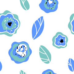 vector simple seamless pattern on white blue cute childish flower leaf