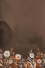 Orange spring watercolor texture with abstract washes and brush strokes on the white paper background. Chaotic abstract organic design.