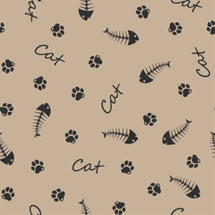 Seamless pattern - bones and traces of paws. Fish bone and the trail of the paws of animals. Dog and fish bones. Vector seamless background illustration.