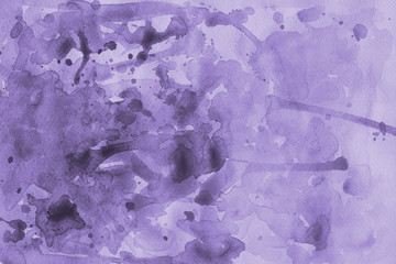 Violet spring watercolor texture with abstract washes and brush strokes on the white paper background. Chaotic abstract organic design.