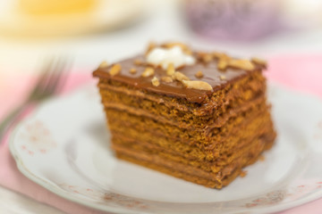 Fresh chocolate creamy cake with nuts