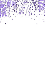Violet floristic watercolor frame with line foliage, flowers and leaves on the white isolated background. Beautiful and elegant design.